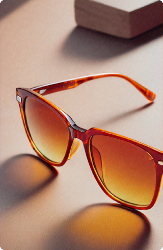 A pair of stylish sunglasses with orange frames and tan accents resting on a smooth, elegant surface.